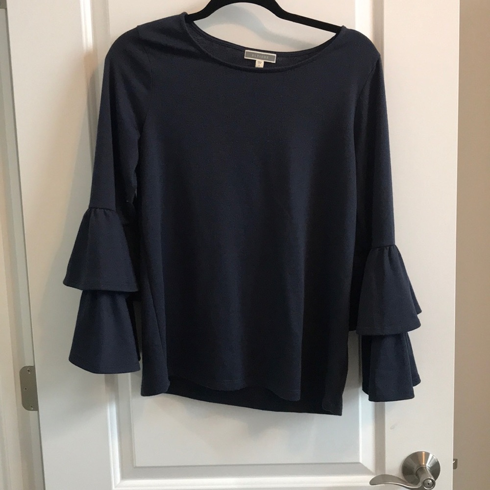 Pleione navy ruffled sleeve top